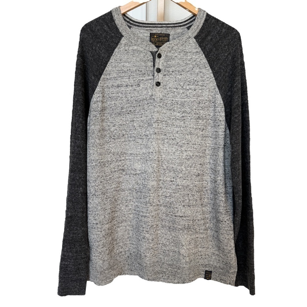 Lucky Brand Men's Gray Henley Sweater Size L Long Sleeve Raglan Casual